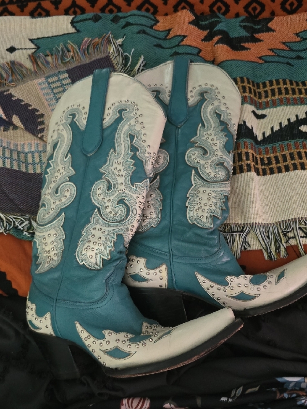 Women’s Teal and Cream Western Heeled Boots - Picture 4 of 10